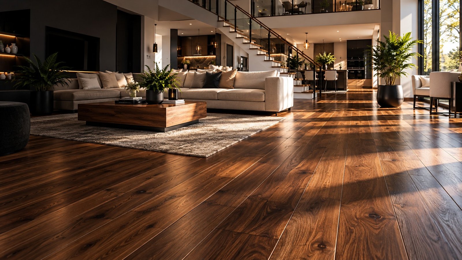 Warm wood flooring in a modern living room